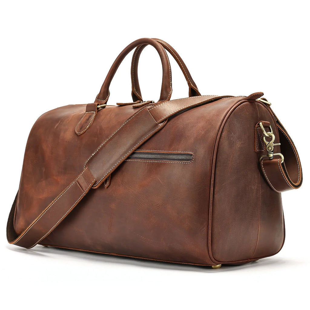 Men's vintage brown leather crossbody messenger bag shown with dimensions