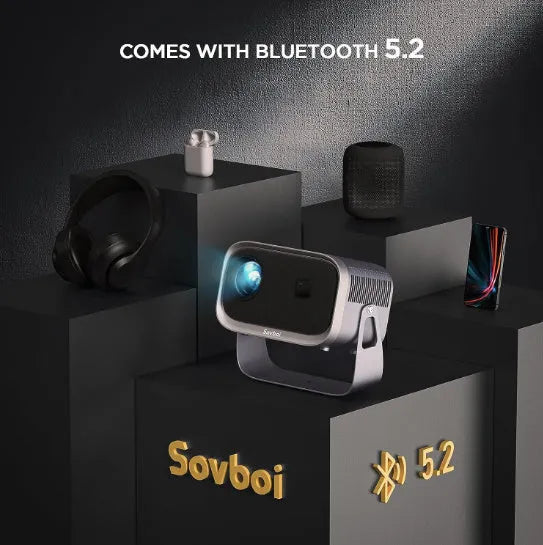 White portable Android projector showing mobile phone projection with 1080p resolution display