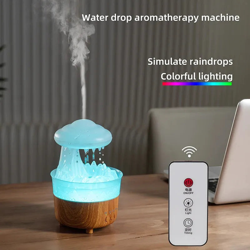 Wood grain white rain cloud shaped humidifier and essential oil diffuser with multi-colour LED night light.