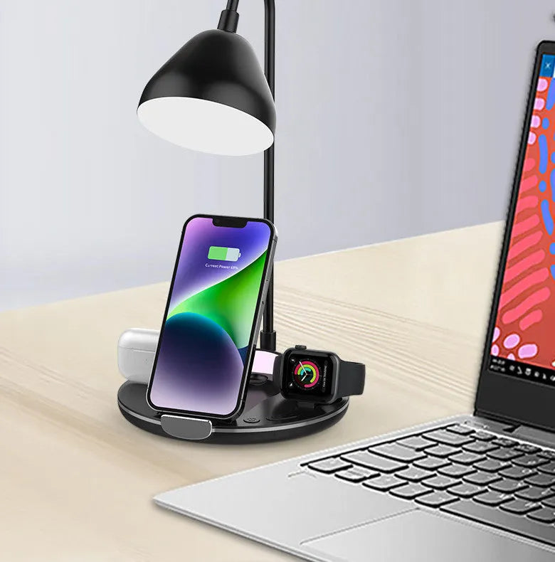 Black magnetic folding wireless charger showing folded and unfolded positions with LED indicator