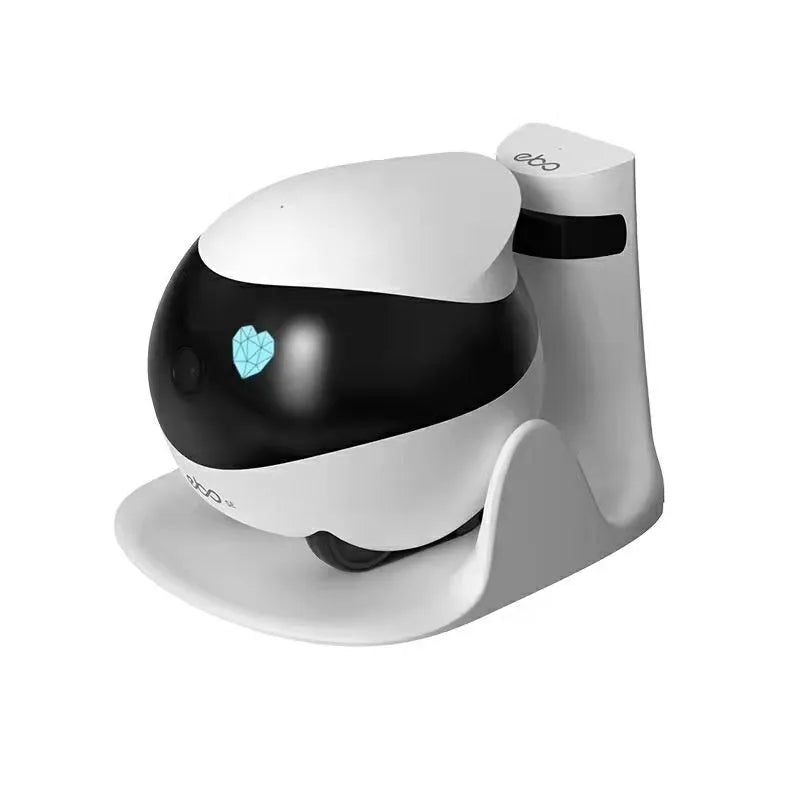White smart home mobile surveillance robot camera on table with automatic docking station