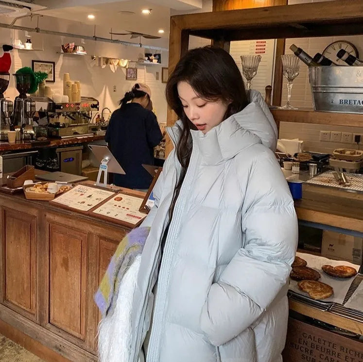 Women's mid-length padded puffer coat, over-the-knee modal fibre with white duck down, light blue black beige
