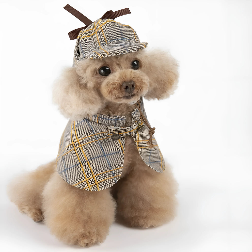 Camel coloured cotton pet cloak with adjustable hat for dogs, showing size options from S to 3XL