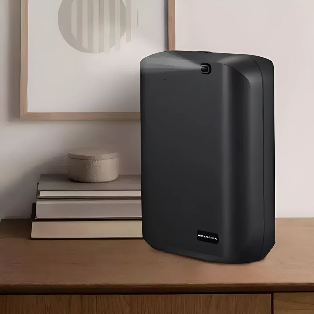 White HVAC wall mount essential oil diffuser with app control for multi-room scent distribution