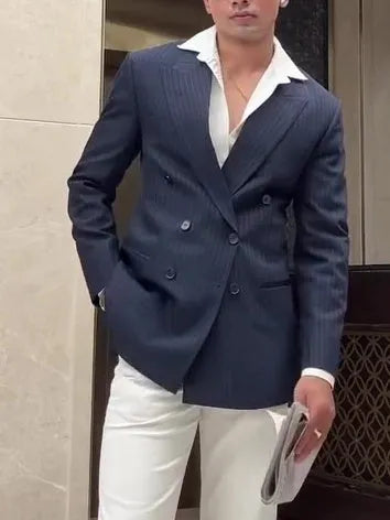 Men's striped double breasted blazer jacket in regular fit polyester fabric