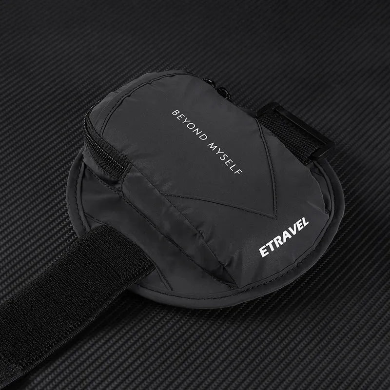 Reflective running arm bag with 7-inch capacity shown in black with reflective strips for night safety