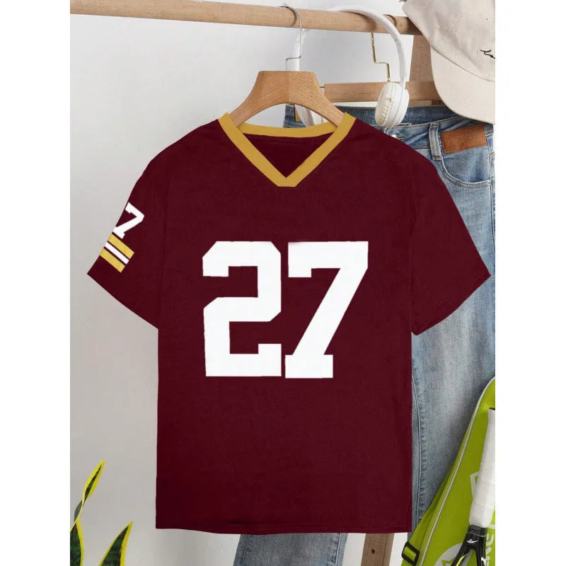 Red loose cotton T-shirt with white digital letter print on front.