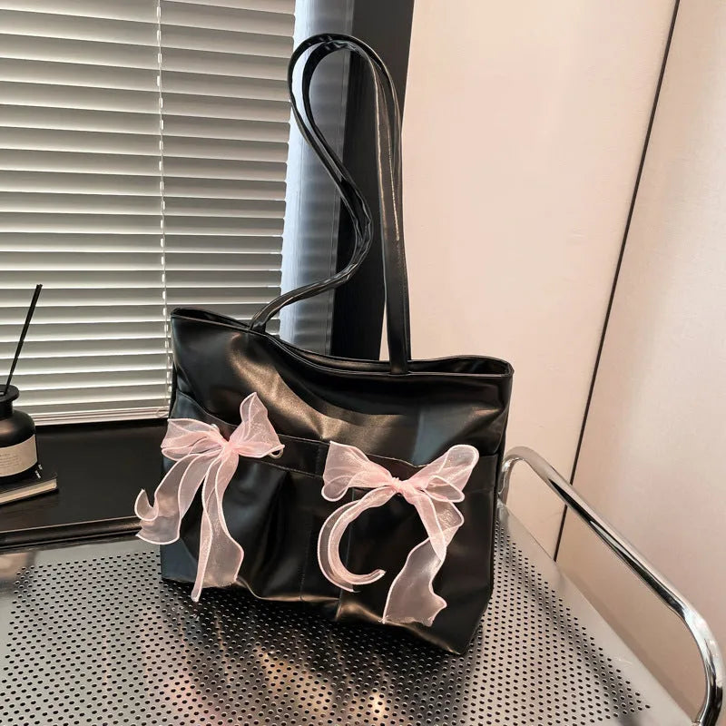 College style bow tote bag with large capacity and adjustable double shoulder straps