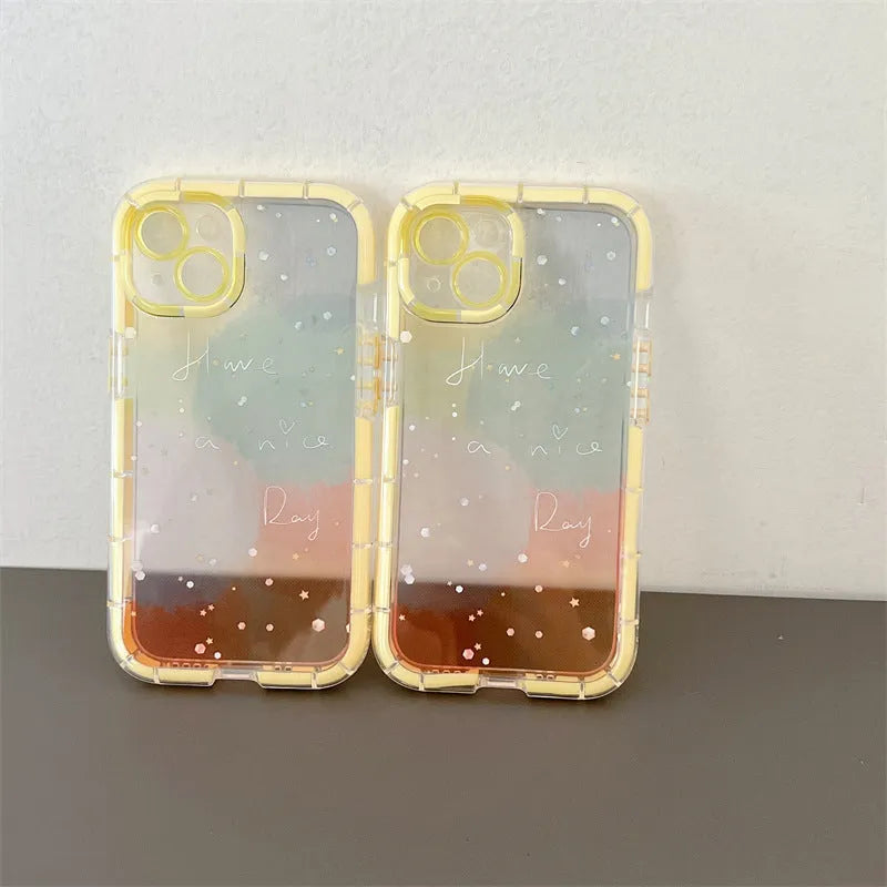 Minimalist silicone phone case for iPhone 14 with a contrasting yellow edge on a white background.