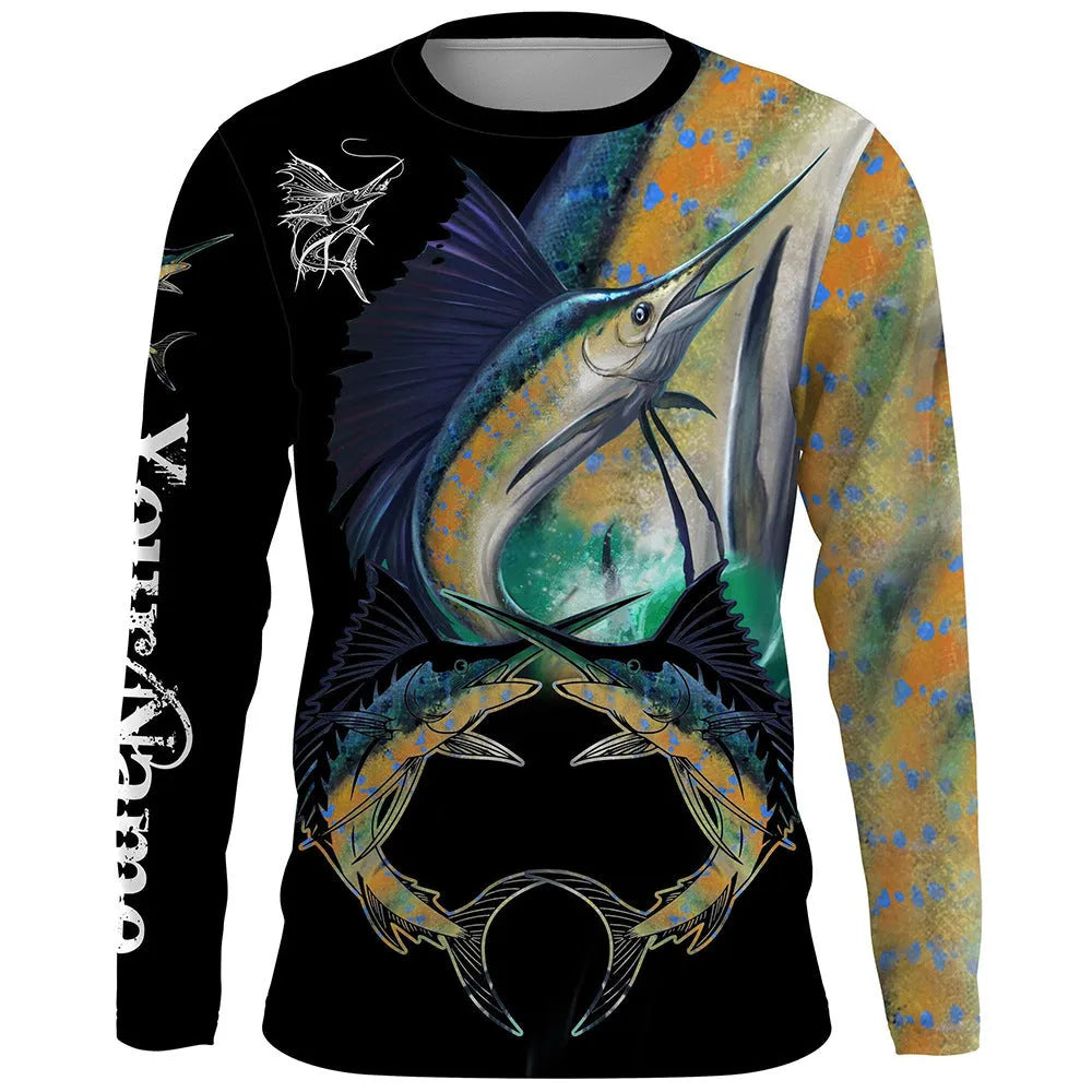 Men's grey pullover with a printed fish design on the chest, long sleeves, and a round neck.