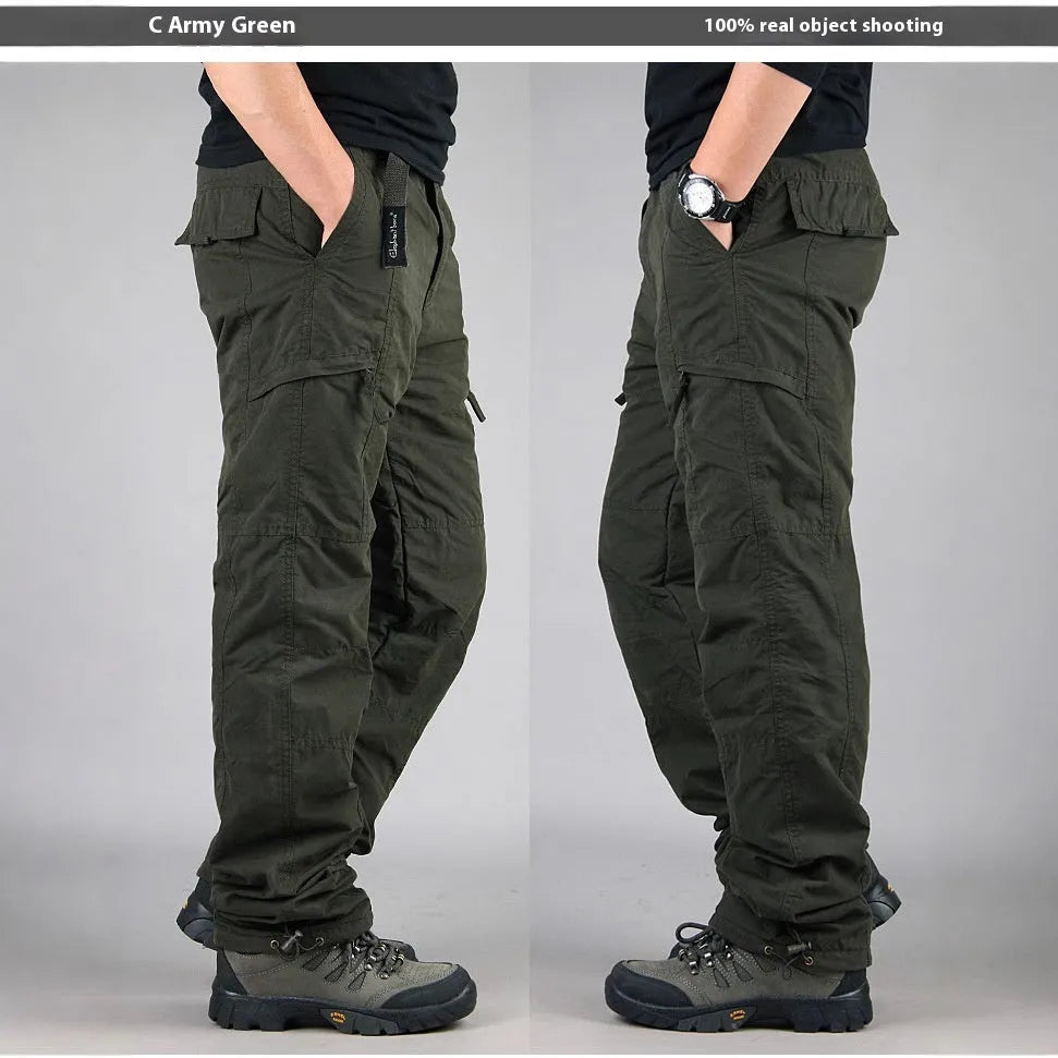 Men's khaki cotton overalls with a wool lining, showing loose fit and straight leg design.