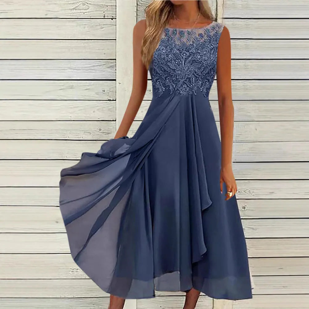 Women's sleeveless chiffon dress with lace hollow-out design in princess style, shown in blue colour