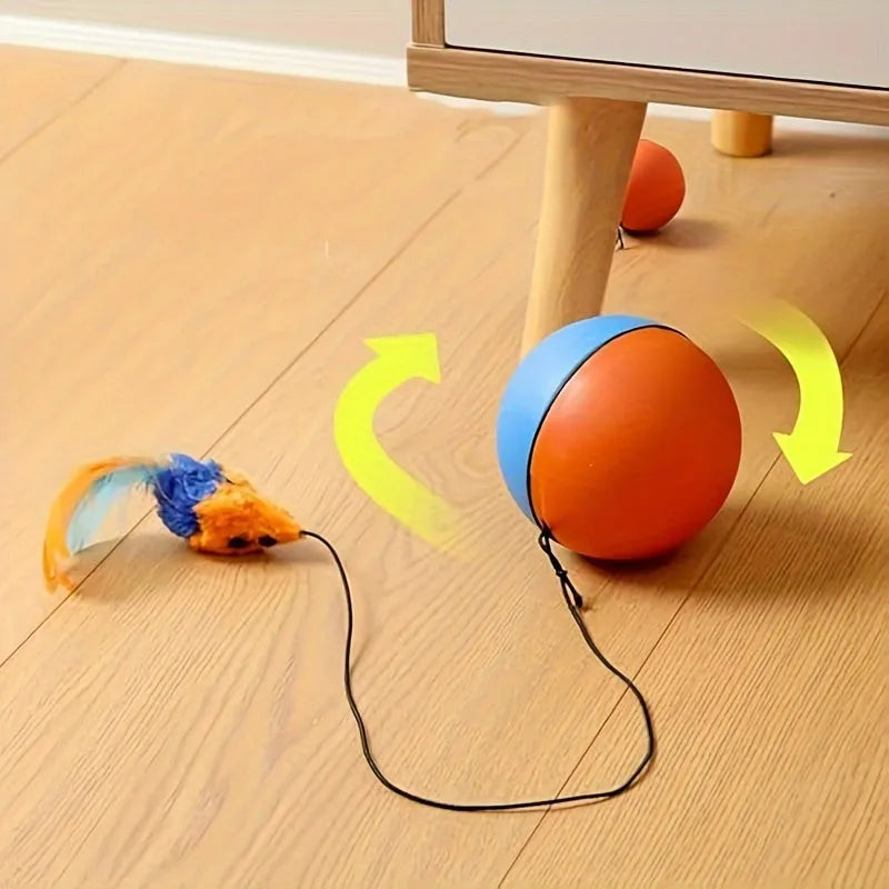 Interactive cat toy with plush mouse and exercise ball in blue and orange colours