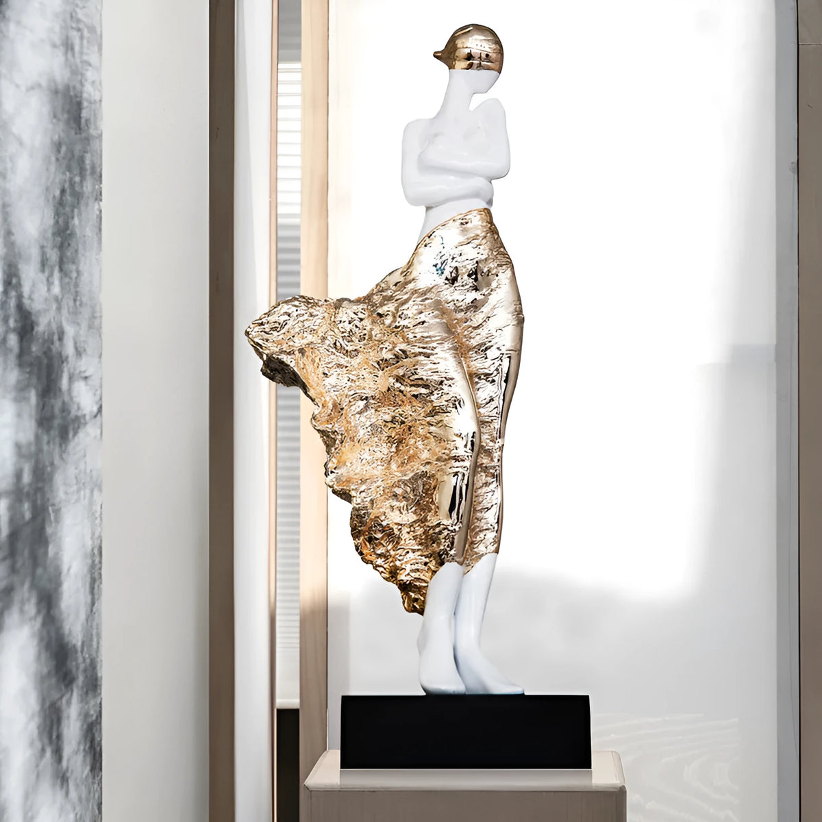 48cm tall resin character ornament in rose gold metallic finish on wooden surface