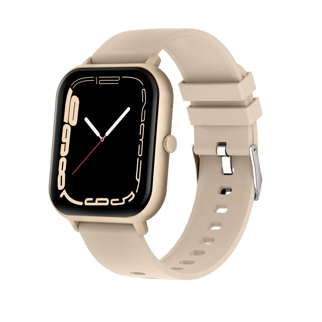 Bluetooth smart watch for heart rate monitoring and step counting on wrist, shown in black, silver grey, pink or khaki.