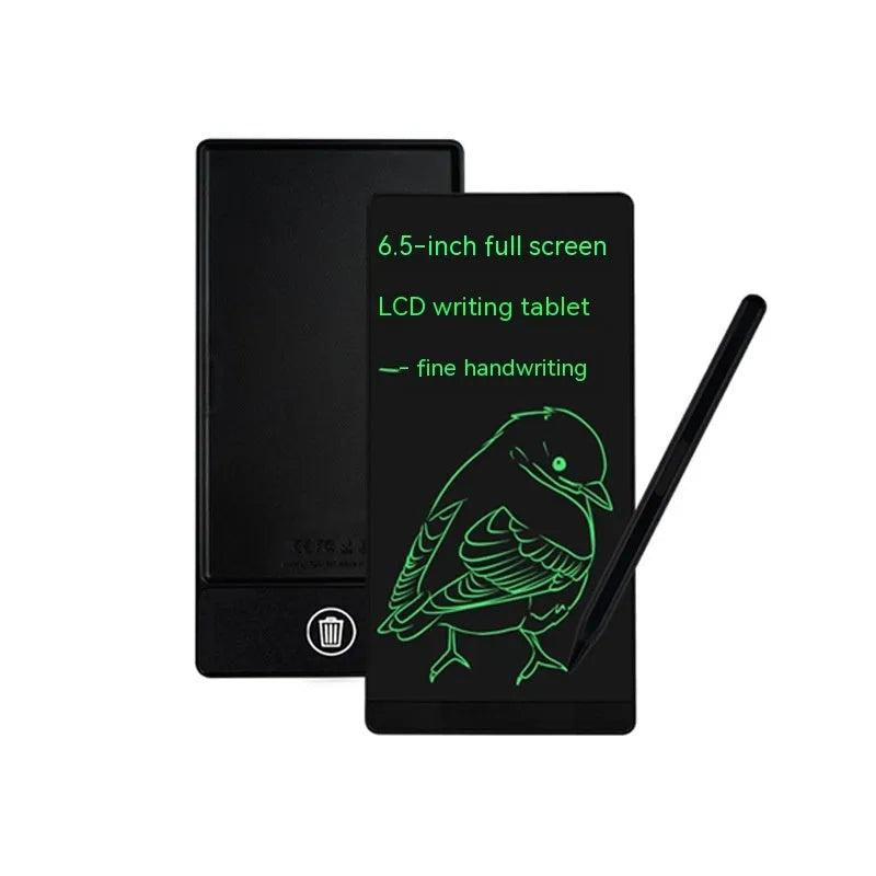 Blue and black LCD writing tablet with 6.5 inch screen and stylus for student notes.
