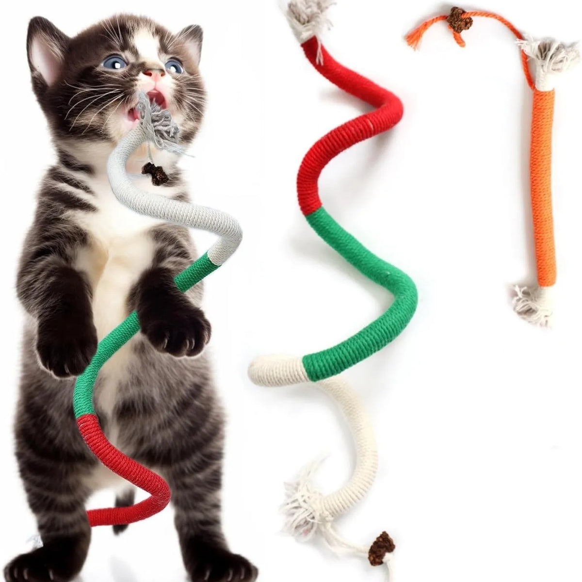 70cm long cotton cat bite rope toy in three colours: purple, orange, and red with green.