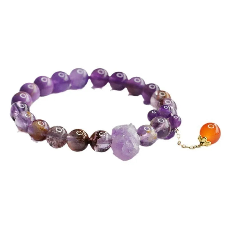 Natural nine purple amethyst and red agate crystal bracelet in Mori style with 7-8mm beads