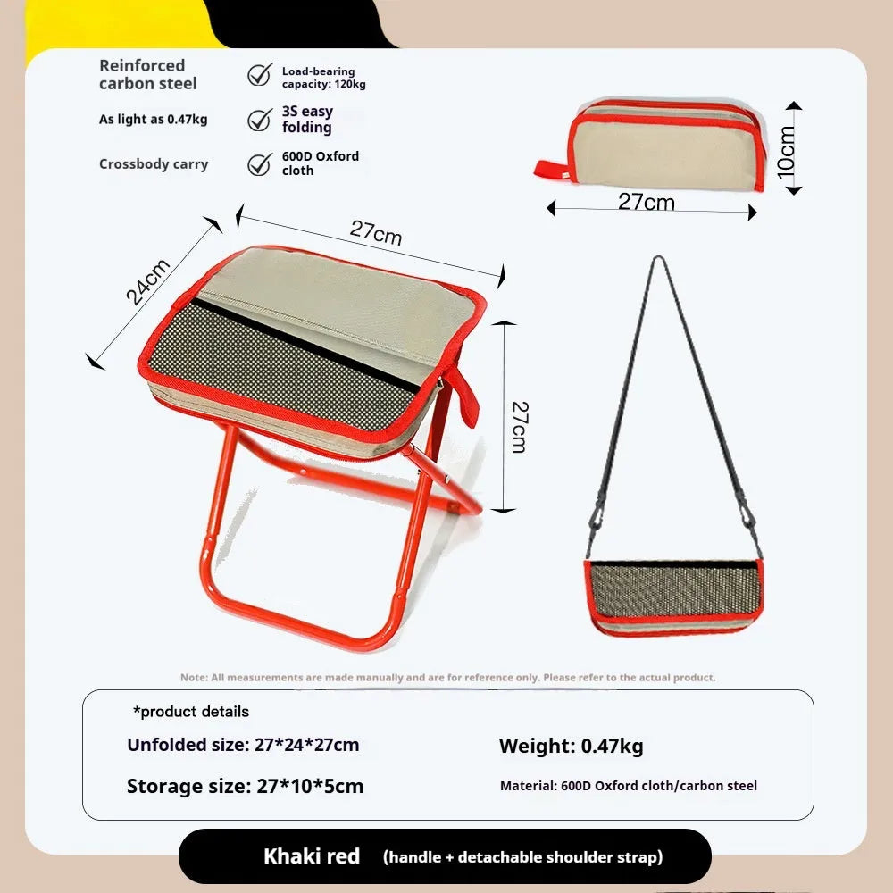 Foldable outdoor camp stool in Oxford cloth, shown in khaki colour, collapsed into its compact pencil box design.