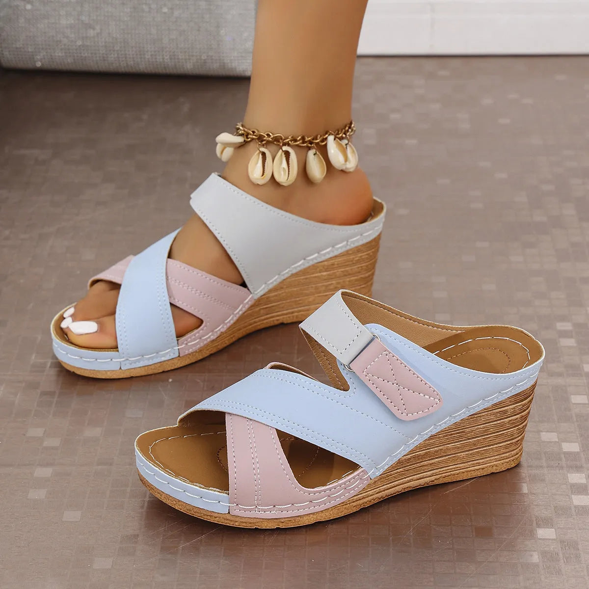 Women's Velcro wedge slippers in a colour matching platform design with a fish mouth toe shape.