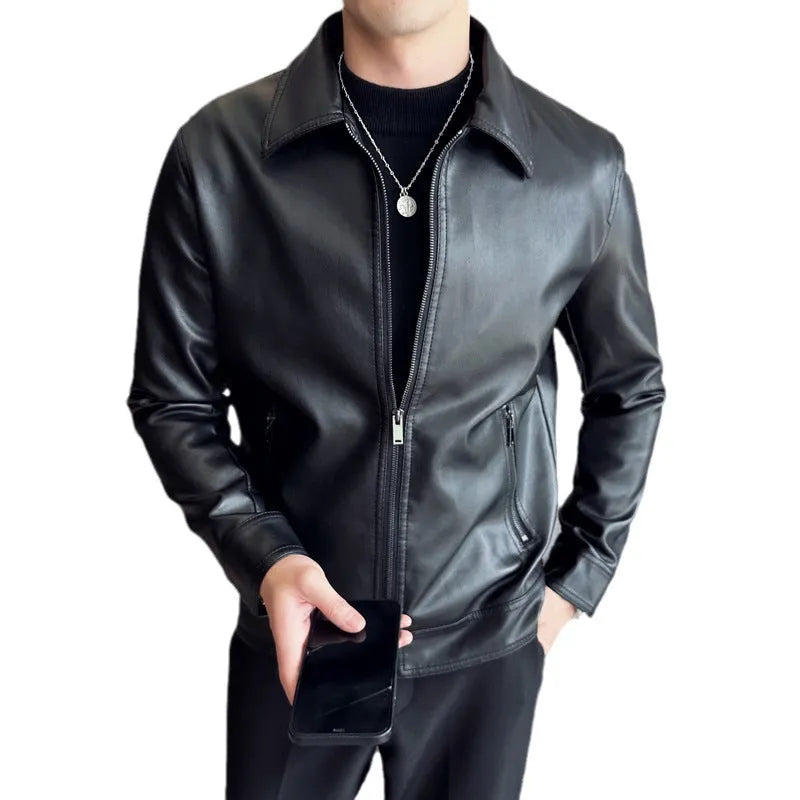 Black men's PU leather casual jacket with zipper pockets and loose fit