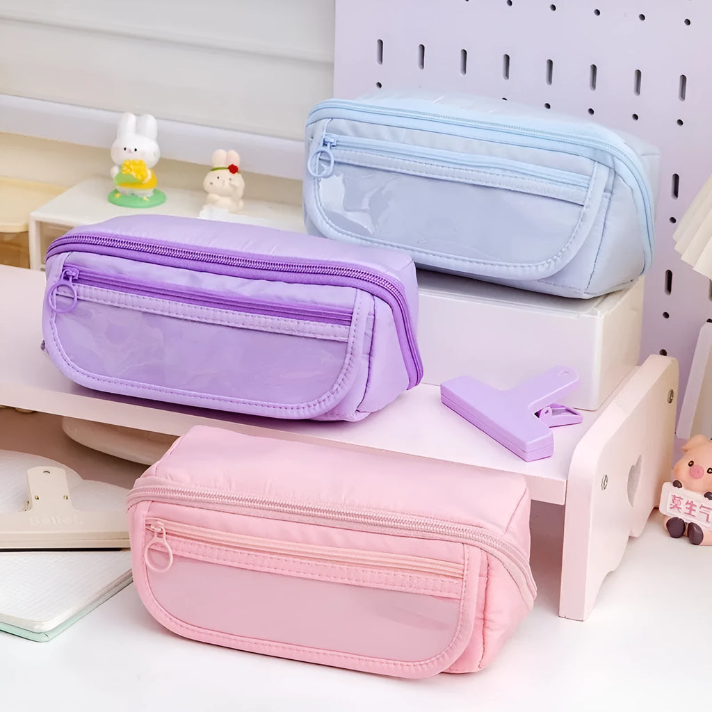 Ten-layer flip canvas pencil case in Korean style with six colour options including girl pink and space blue