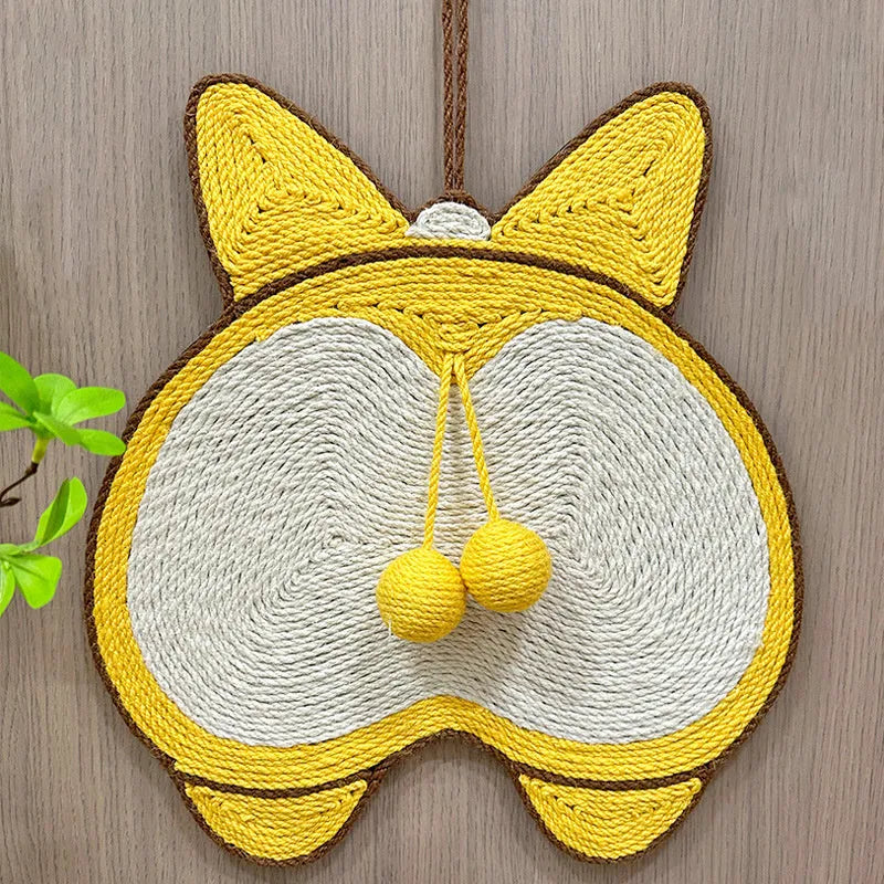 Yellow Corgi butt design cat scratch pad made from sisal with adhesive hooks and anti-slip base.