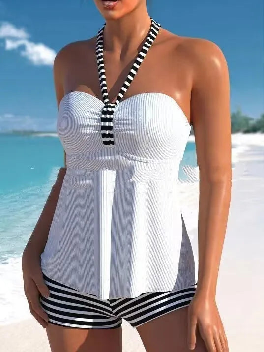 Women's off-shoulder striped swimsuit in solid colour with brief style design