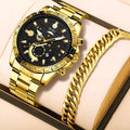 Gold men's business quartz watch with stainless steel strap and calendar display