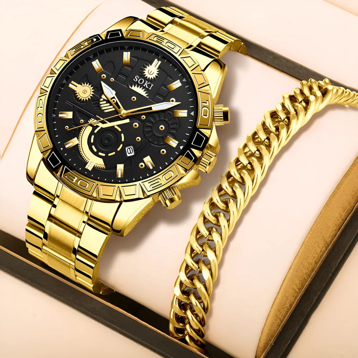 Gold men's business quartz watch with stainless steel strap and calendar display