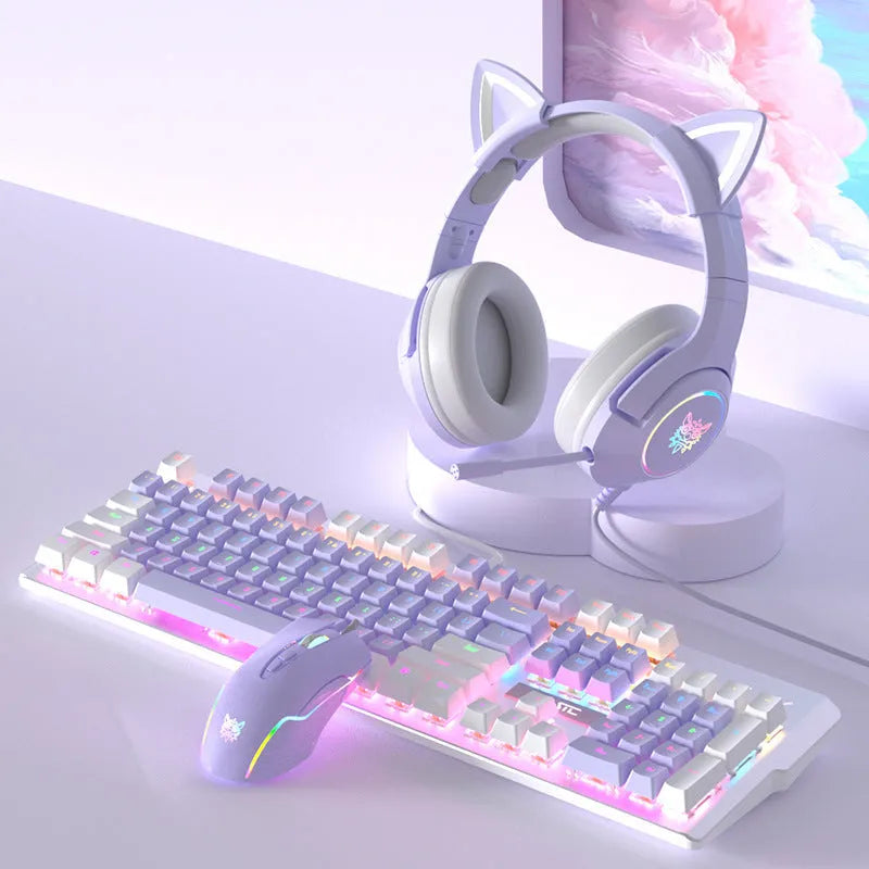 Purple and white mechanical keyboard and wired mouse set with backlit keys