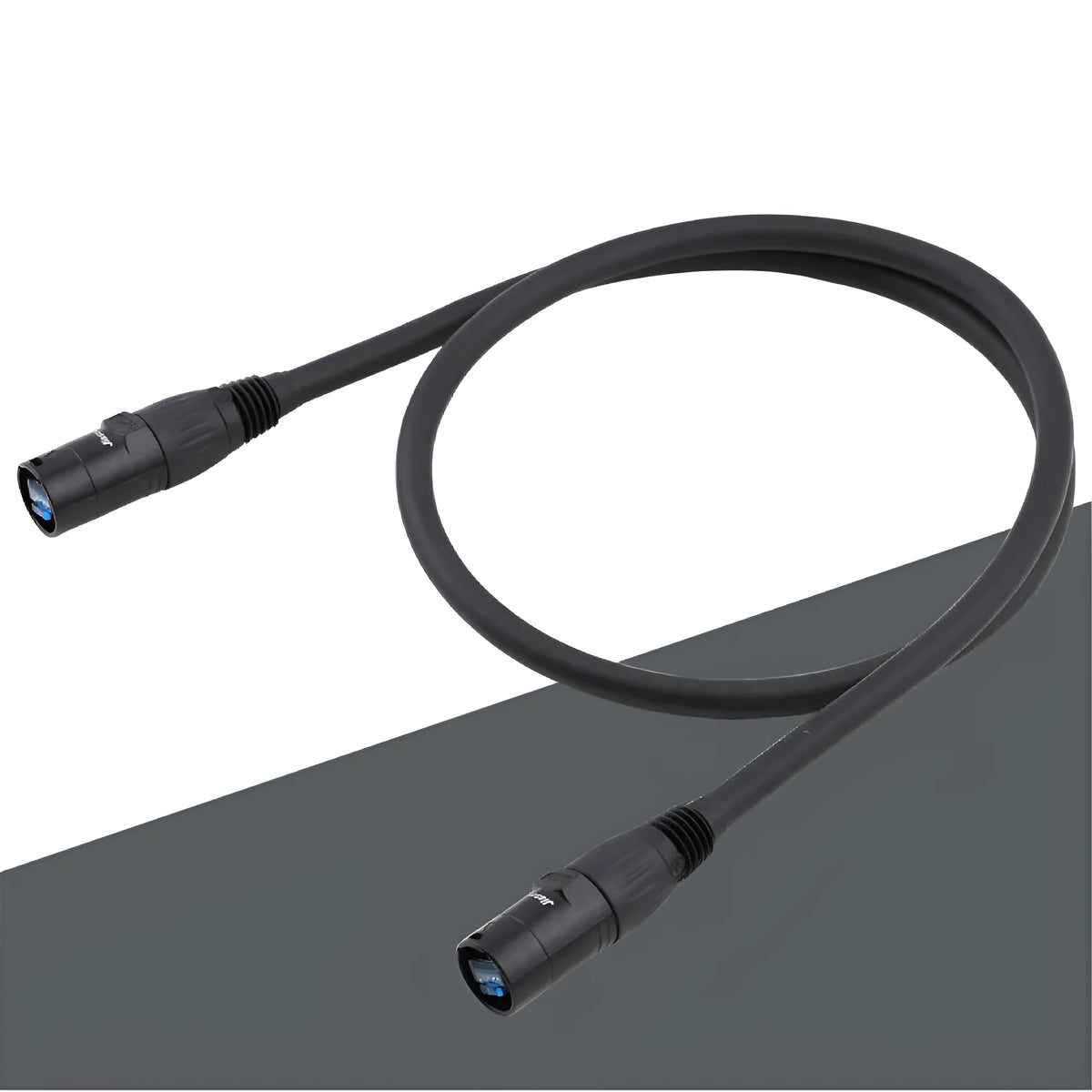 Black CAT6 RJ45 network extension cable with plug connectors on a white background