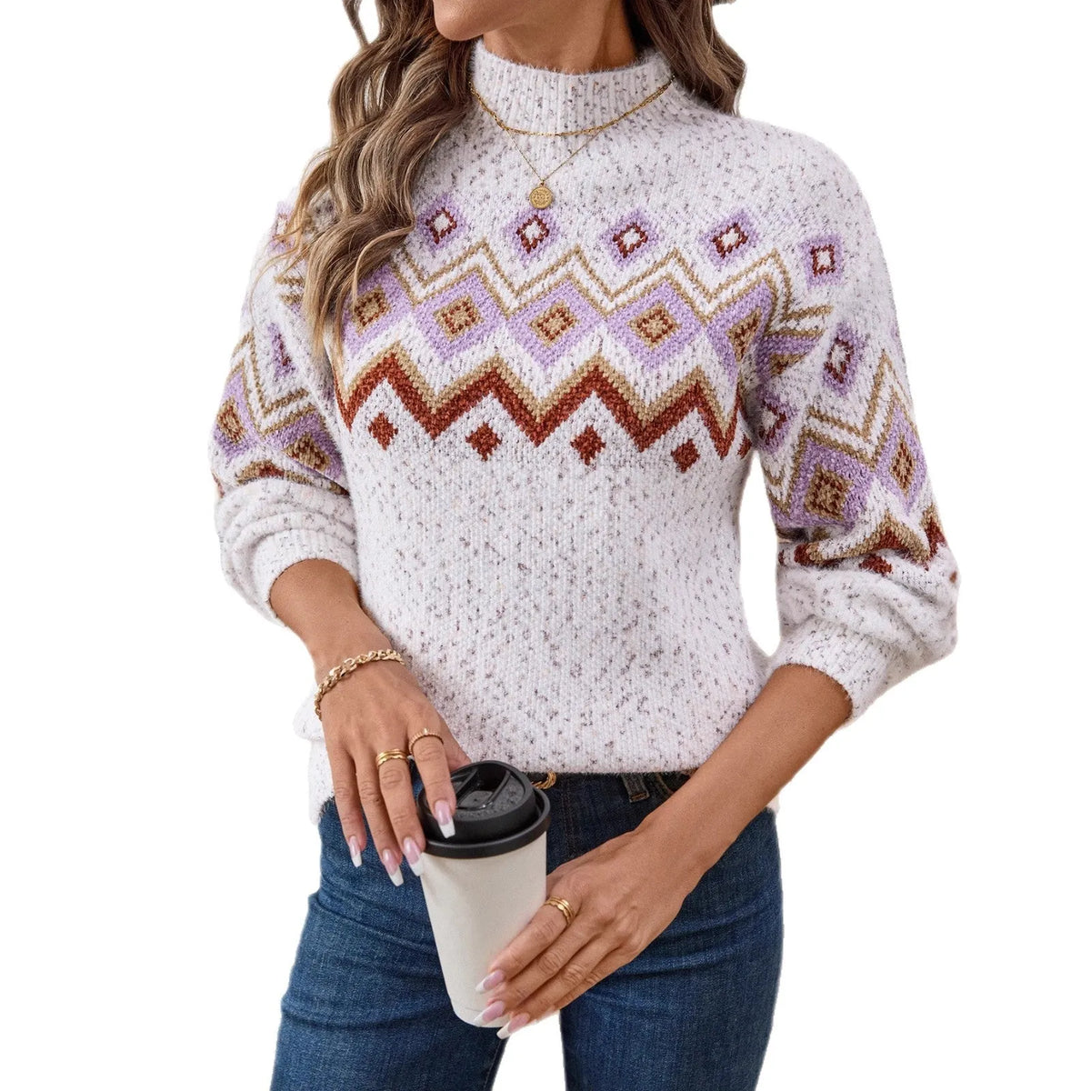 White women's half turtleneck sweater with geometric jacquard pattern and loose street fashion styling