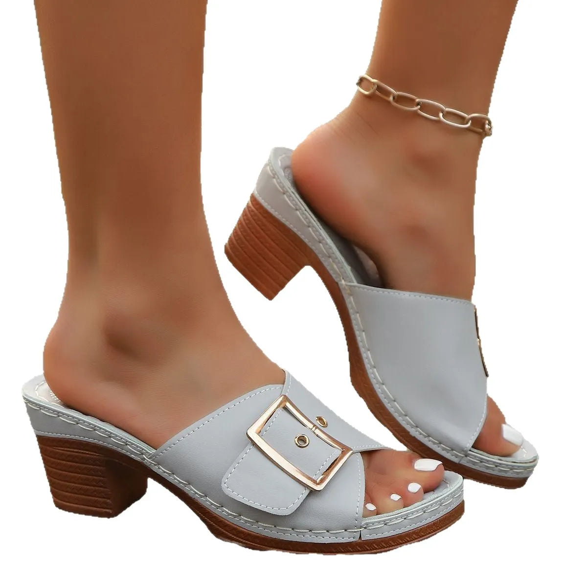 Women's black retro chunky heel beach slippers with a metal buckle detail on the upper.