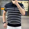 Black and white striped lapel knitted t-shirt on hanger showing pullover style