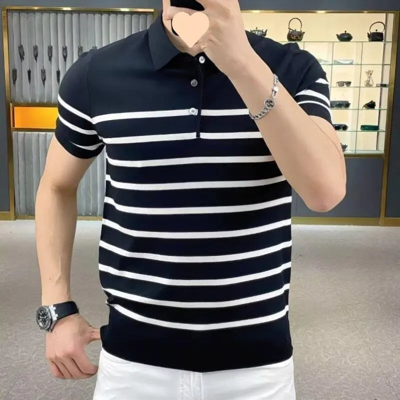 Black and white striped lapel knitted t-shirt on hanger showing pullover style