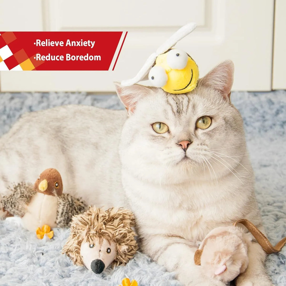 Yellow bee-shaped flannelette cat toy with electronic motion-activated squeaking sound