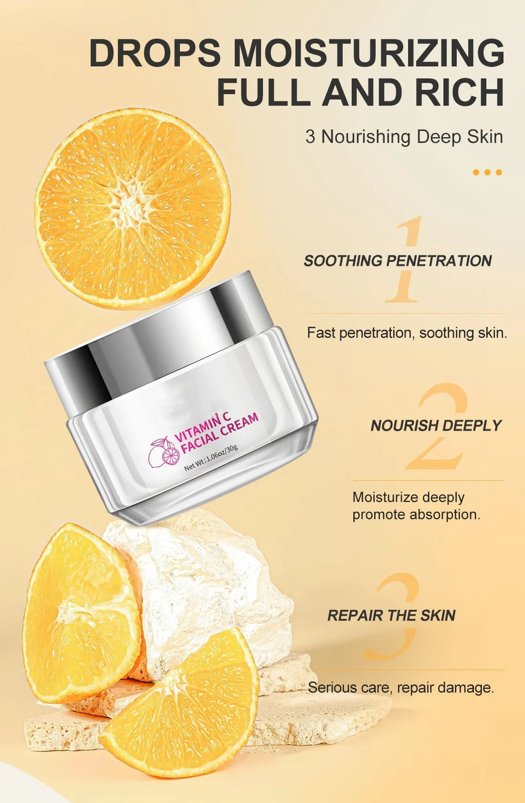 Vitamin C face cream in 6x6x5.2cm jar with 30g content for universal skin types