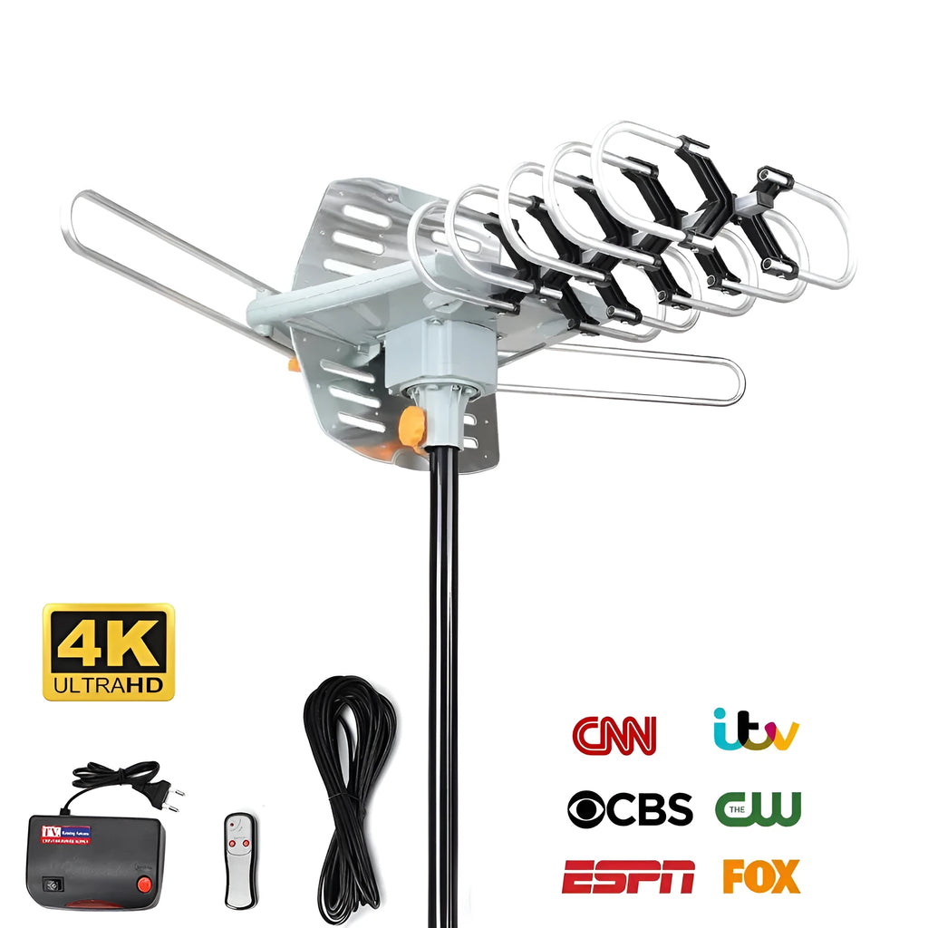 Outdoor rotatable high gain digital television antenna model GR-1002 on a mast.
