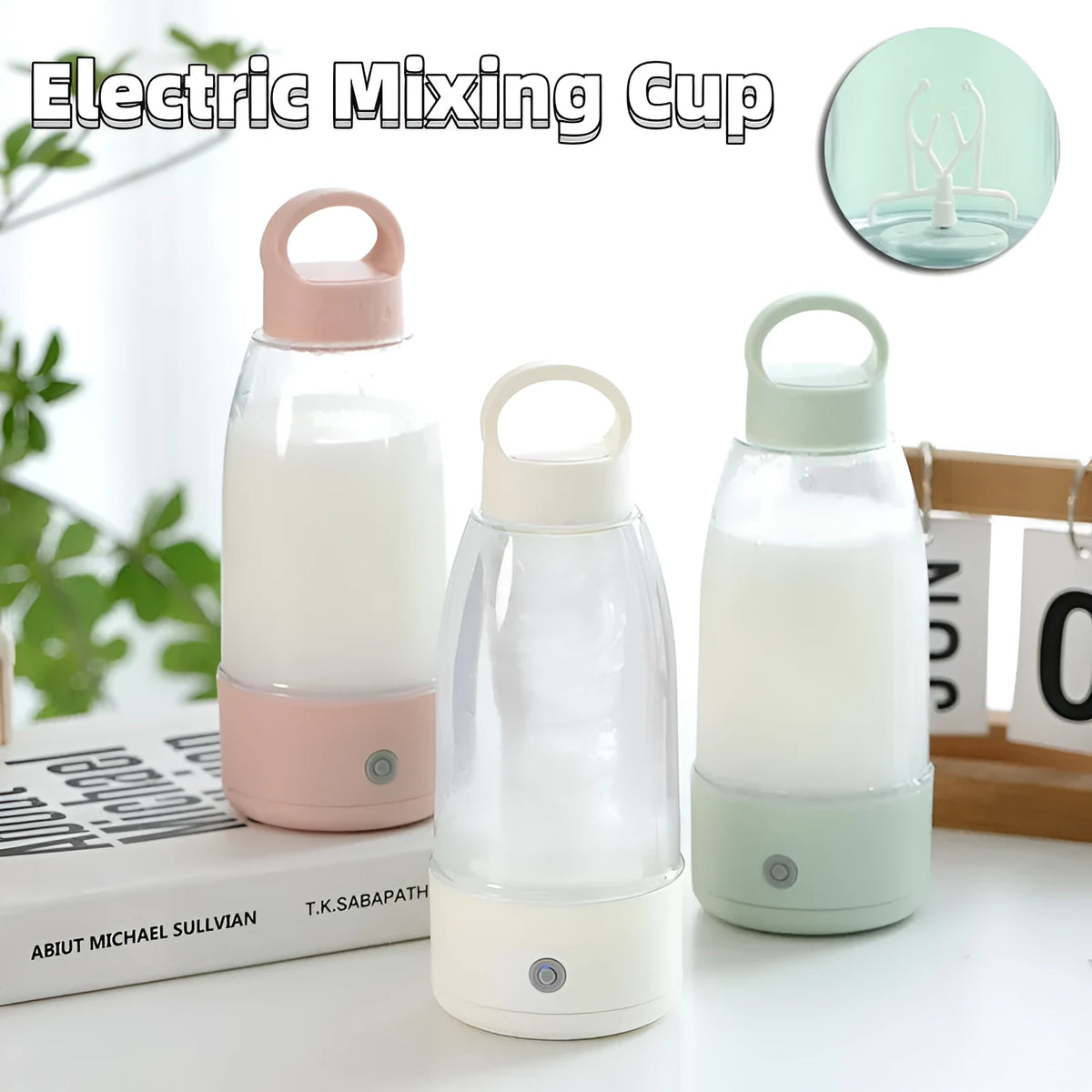 Electric shaker bottle with USB charging port and handle in green, pink or white colours