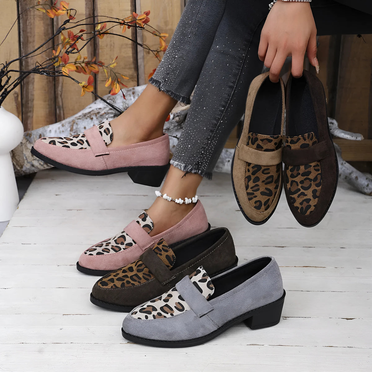 Brown leopard print slip-on suede shoe with chunky mid heel and pointed toe