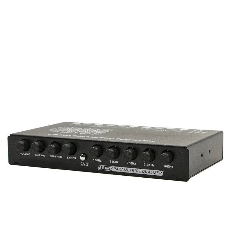 Black car audio EQ tuning amplifier with control panel for frequency and volume adjustment