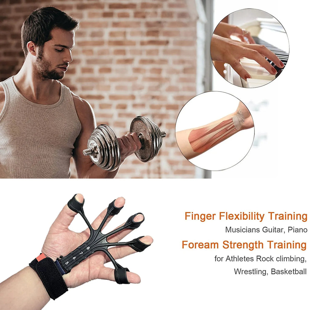HLX black silicone finger flexion and extension rehabilitation trainer with puller and belt.