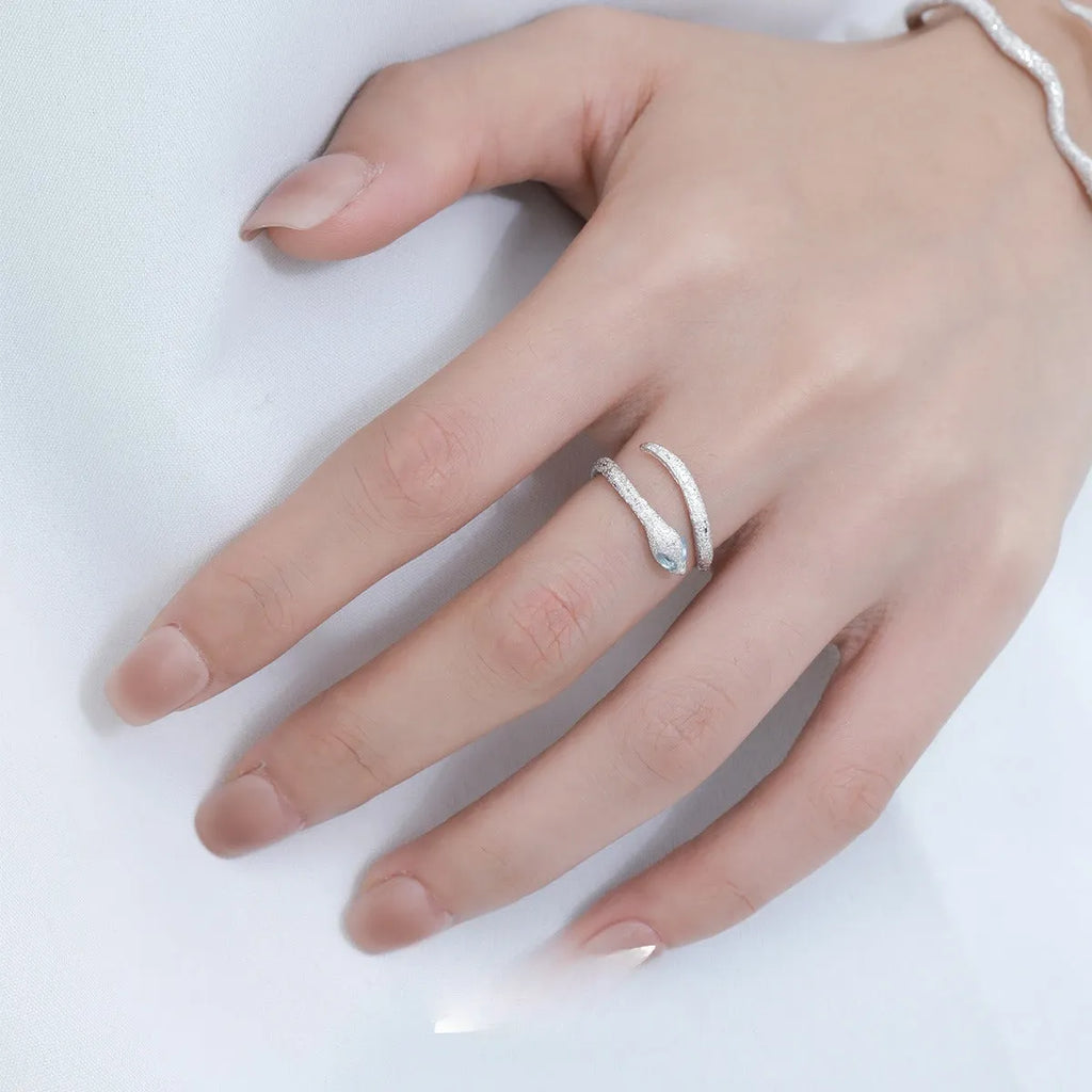 Adjustable silver snake ring for women with electroplated platinum colour finish.