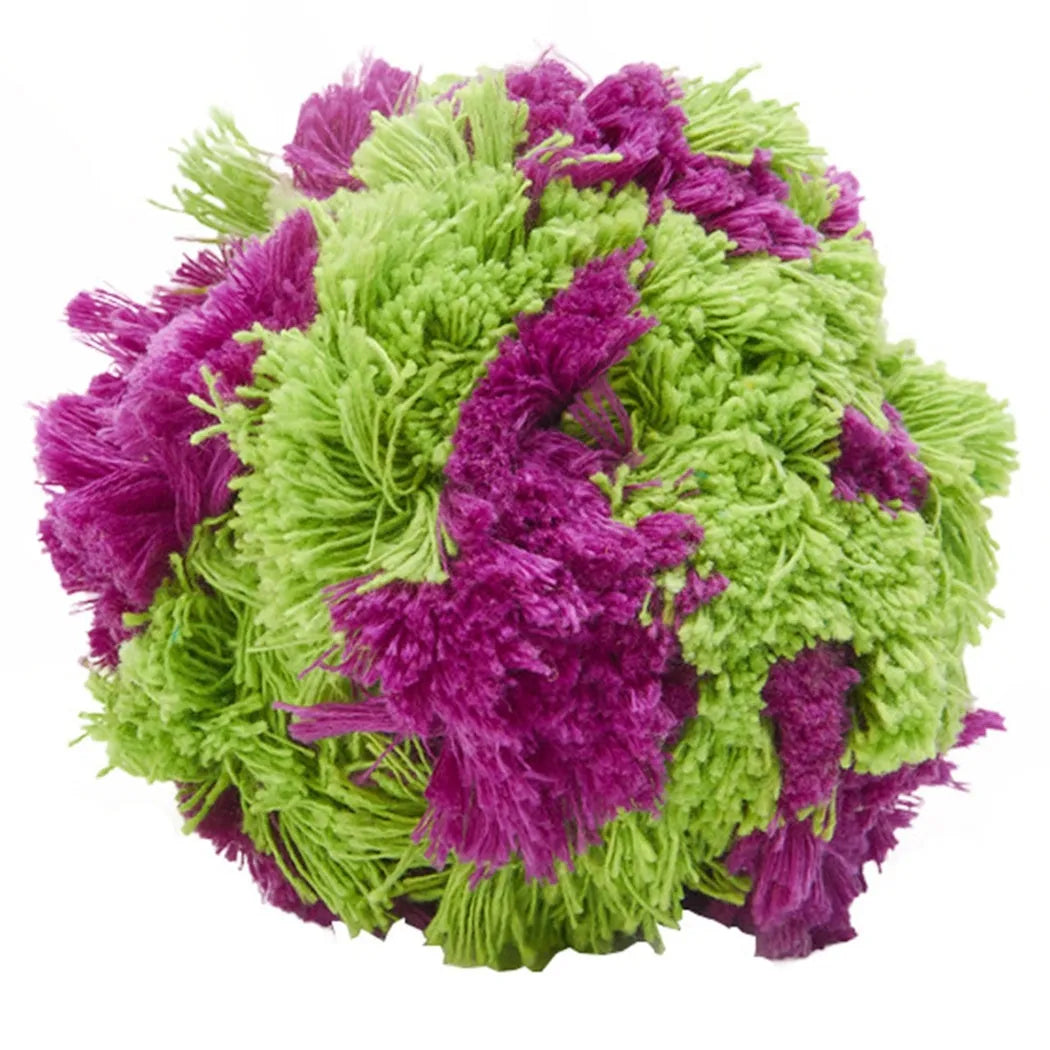 Purple plush dog ball with knotted seaweed texture measuring approximately 15cm diameter