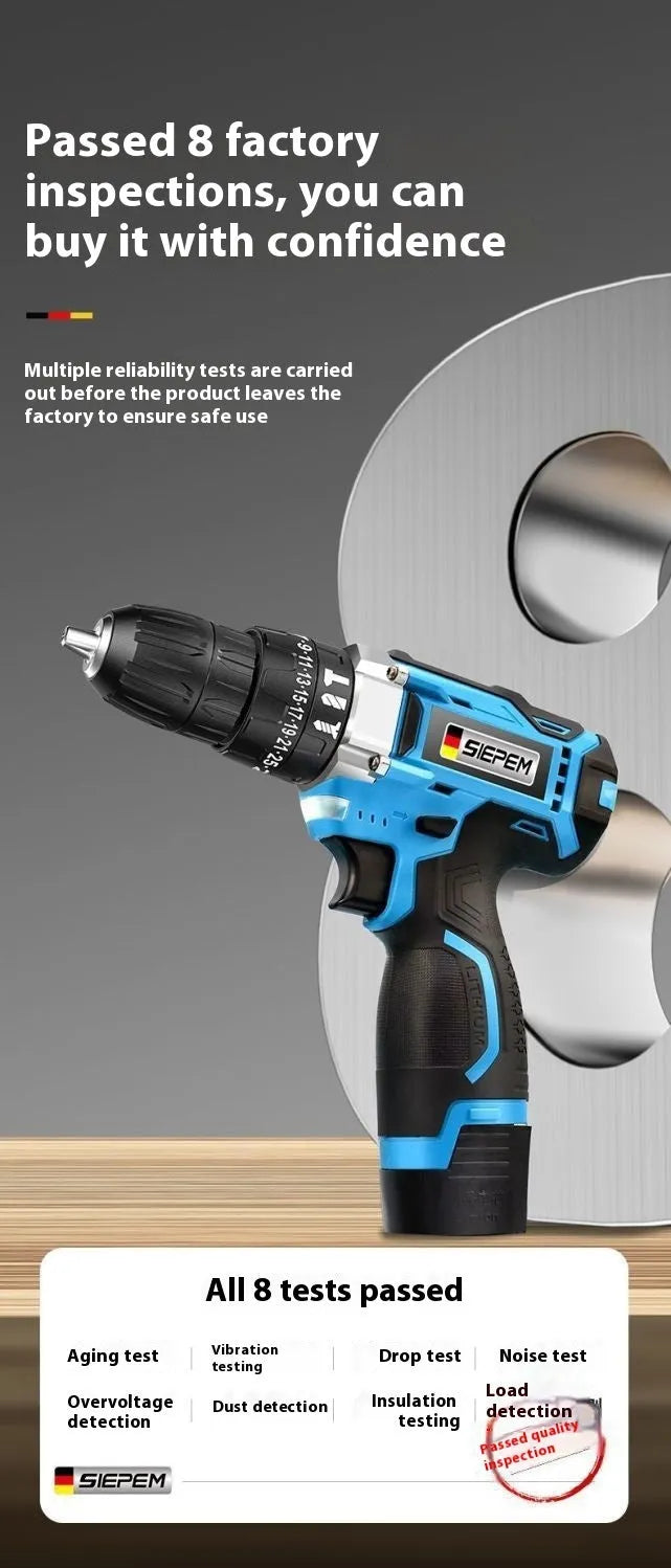 12V two-speed multi-function impact pistol drill electric screwdriver set in a luxury plastic box.