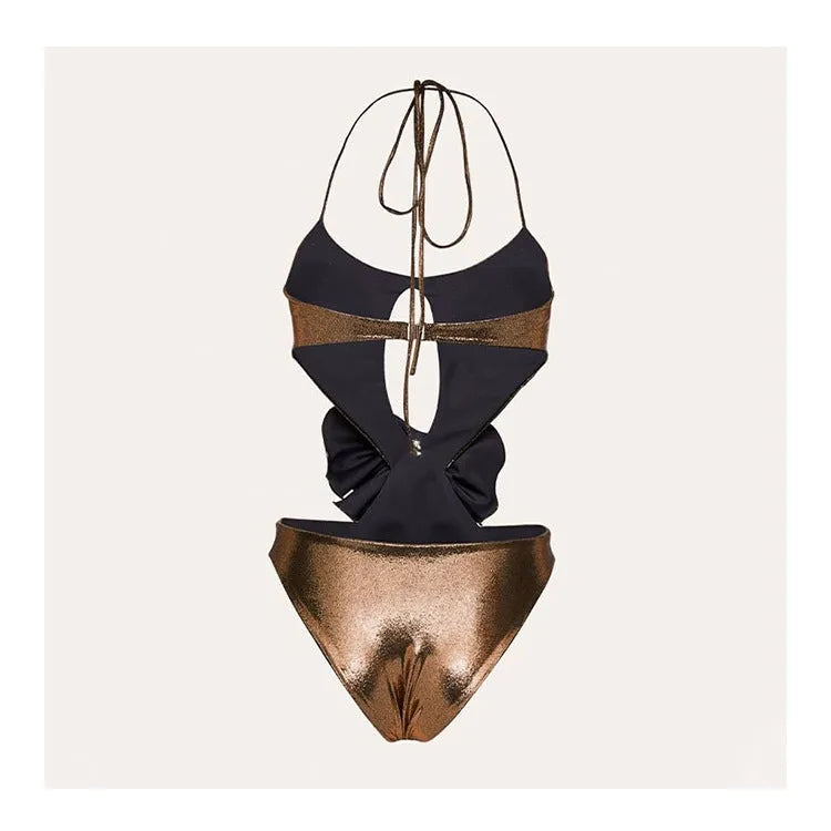 Gold handmade halter neck one-piece swimsuit with hollow-out detailing
