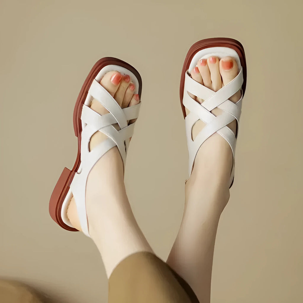 Women's glossy patent leather sandals with square toe and ankle strap in black, white, or brown