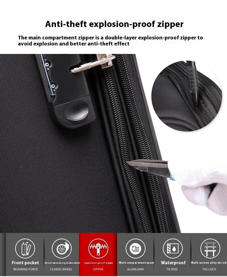 Black 18-inch Oxford cloth business suitcase with retractable handle and wheels.