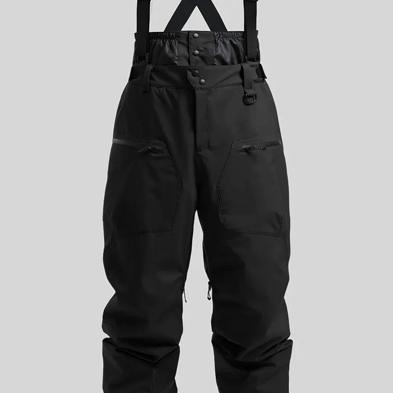Men's black waterproof ski trousers with flame-retardant lining on a snowy background